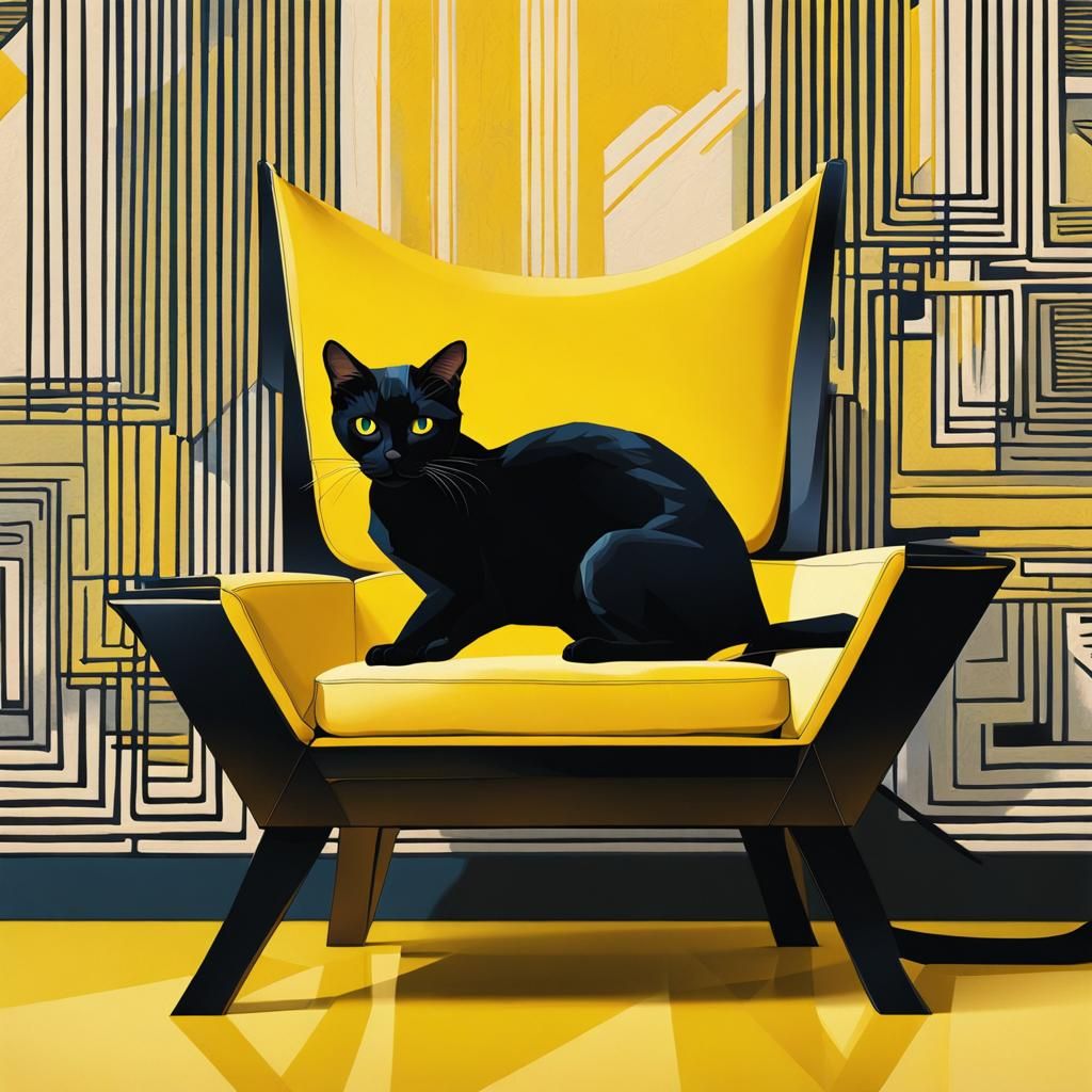 Black Cat on Yellow Armchair: Cubist Abstract Art