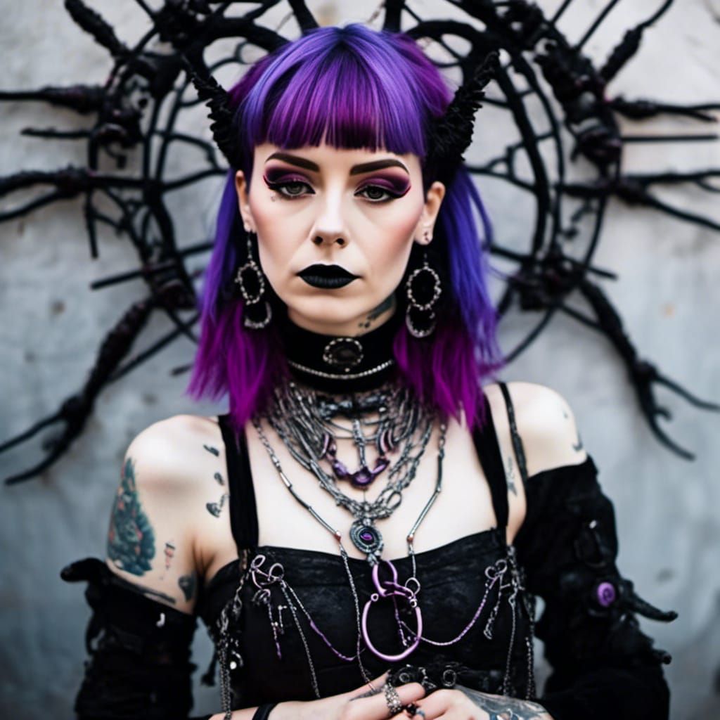 Cyberpunk Woman with Purple Hair and Gothic Tattoos