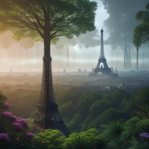Eiffel Tower in Mystical Forest, Fantasy Concept Art