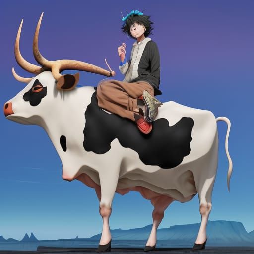 Anime Clown Rides Cow on Misty Island