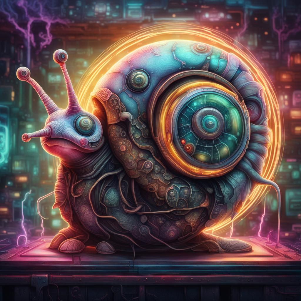 Cyberpunk Snail Hybrid in Post-Apocalyptic World