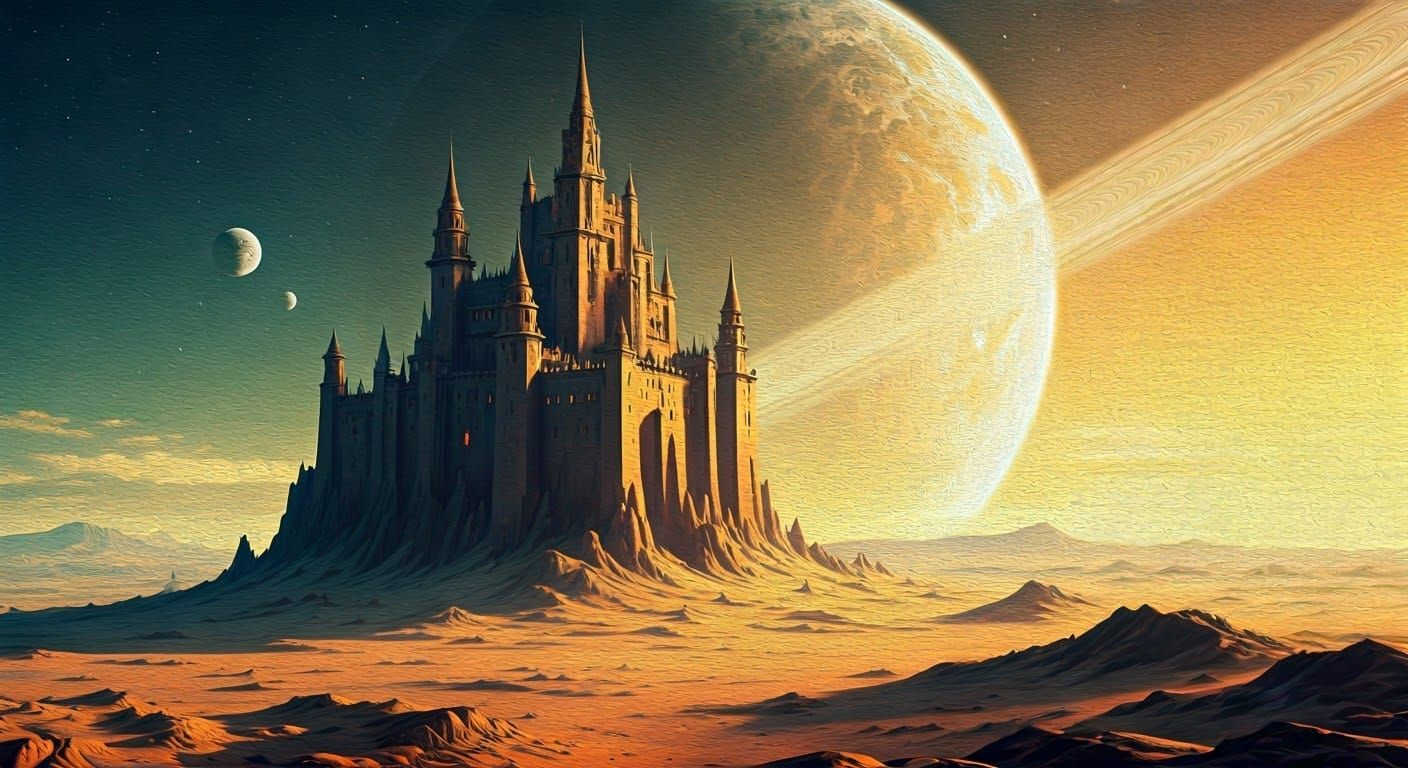 Sandstone Castle on Desert Planet as Oil Painting