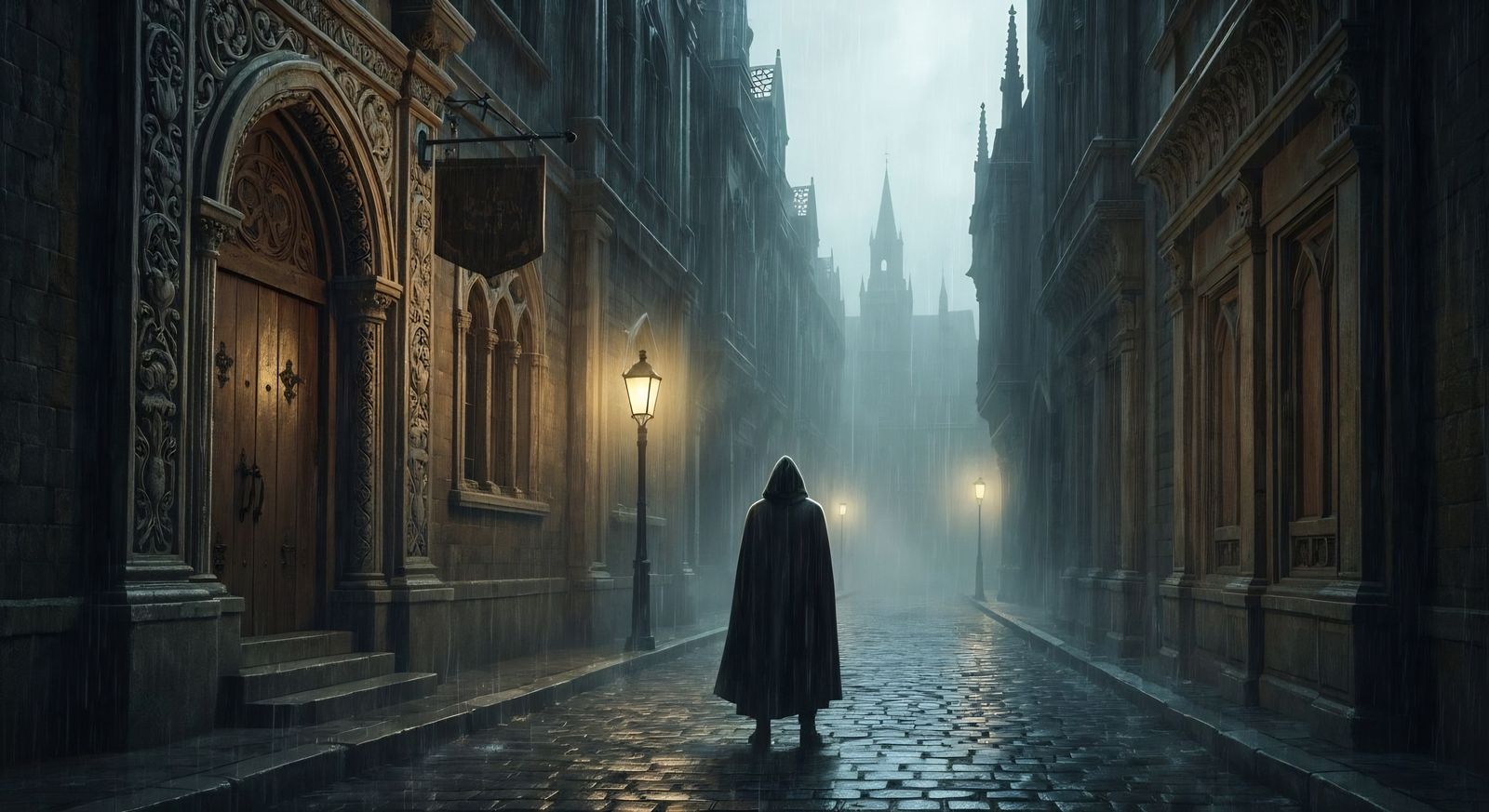 Hooded Figure in Rainy Alleyway in Dark Fantasy Style