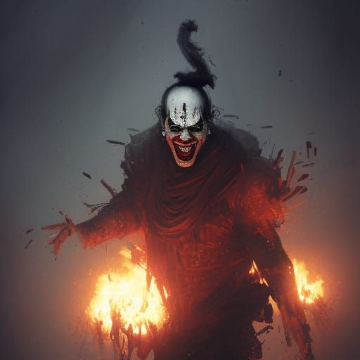 Burning Head Clown in Dark Fantasy Style