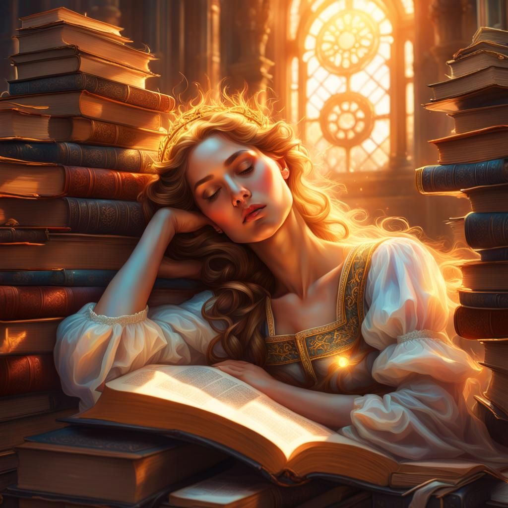 Renaissance Girl in Book World: Digital Art Portrait