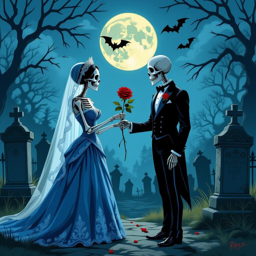 Gothic Skeleton Couple in Moonlit Cemetery