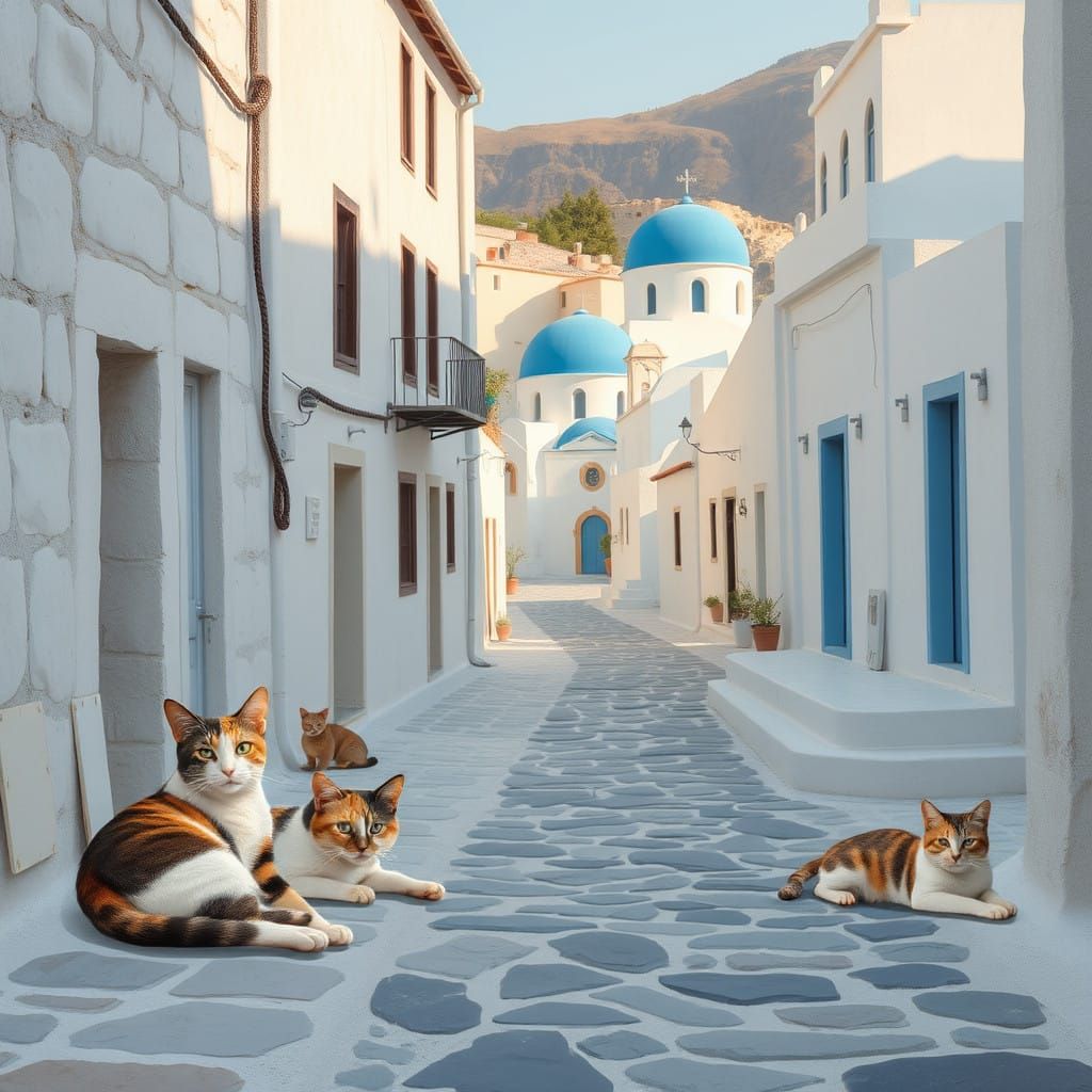 Greek Village Cats in Dreamy, Ethereal Style
