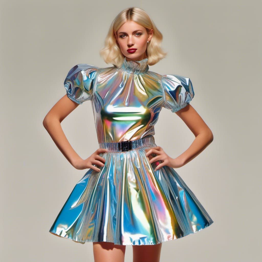 Blonde Woman in Shiny Metallic and Plastic Mini-Dress