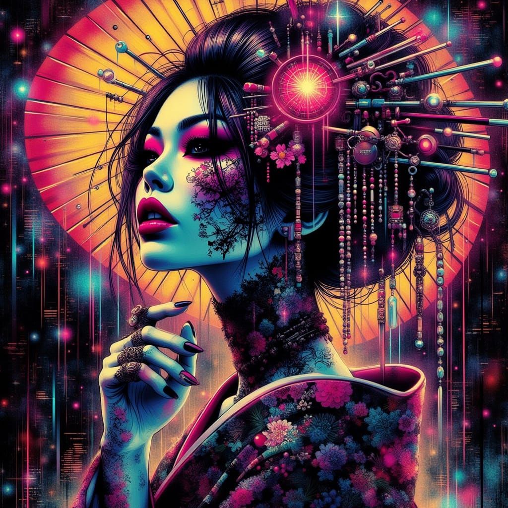 Cyberpunk Geisha with Circuit Board Kimono