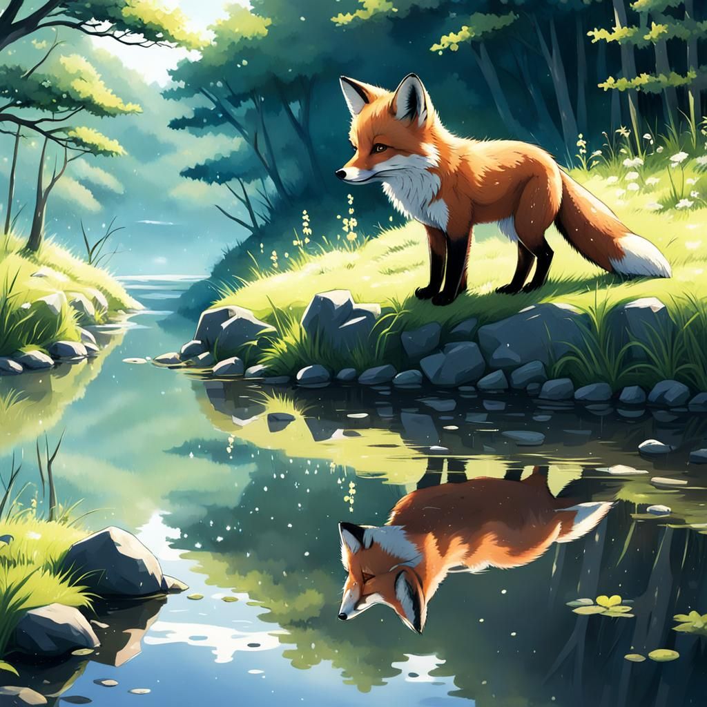 Baby Fox Reflection in Anime Style