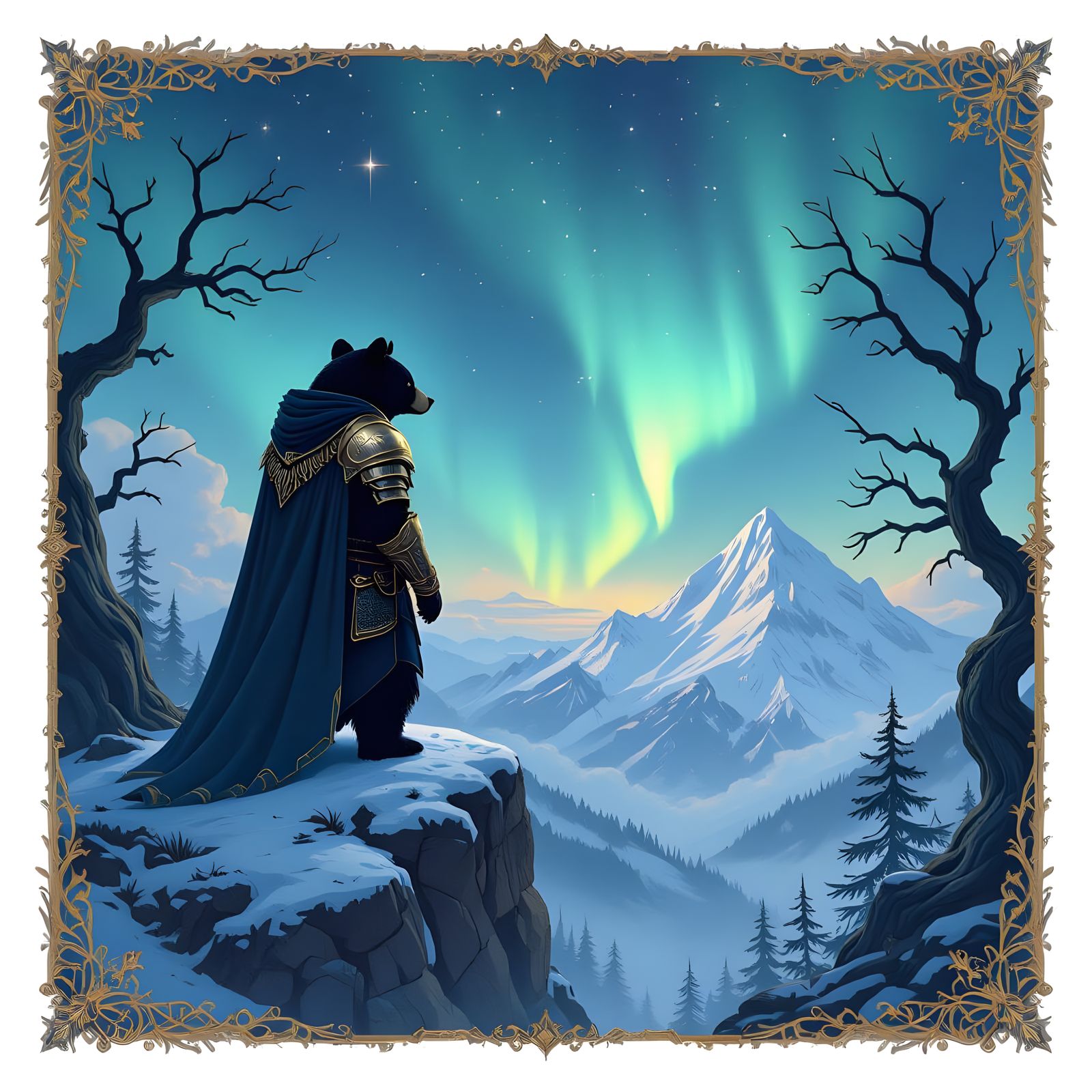 Armored Bear Gaze at Aurora: Fantasy Matte Painting
