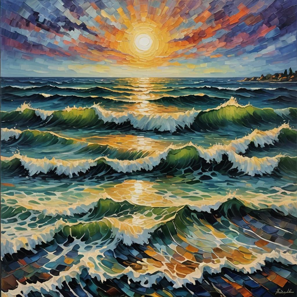 Dramatic Neo-Impressionist Seascape Painting with Textured P...