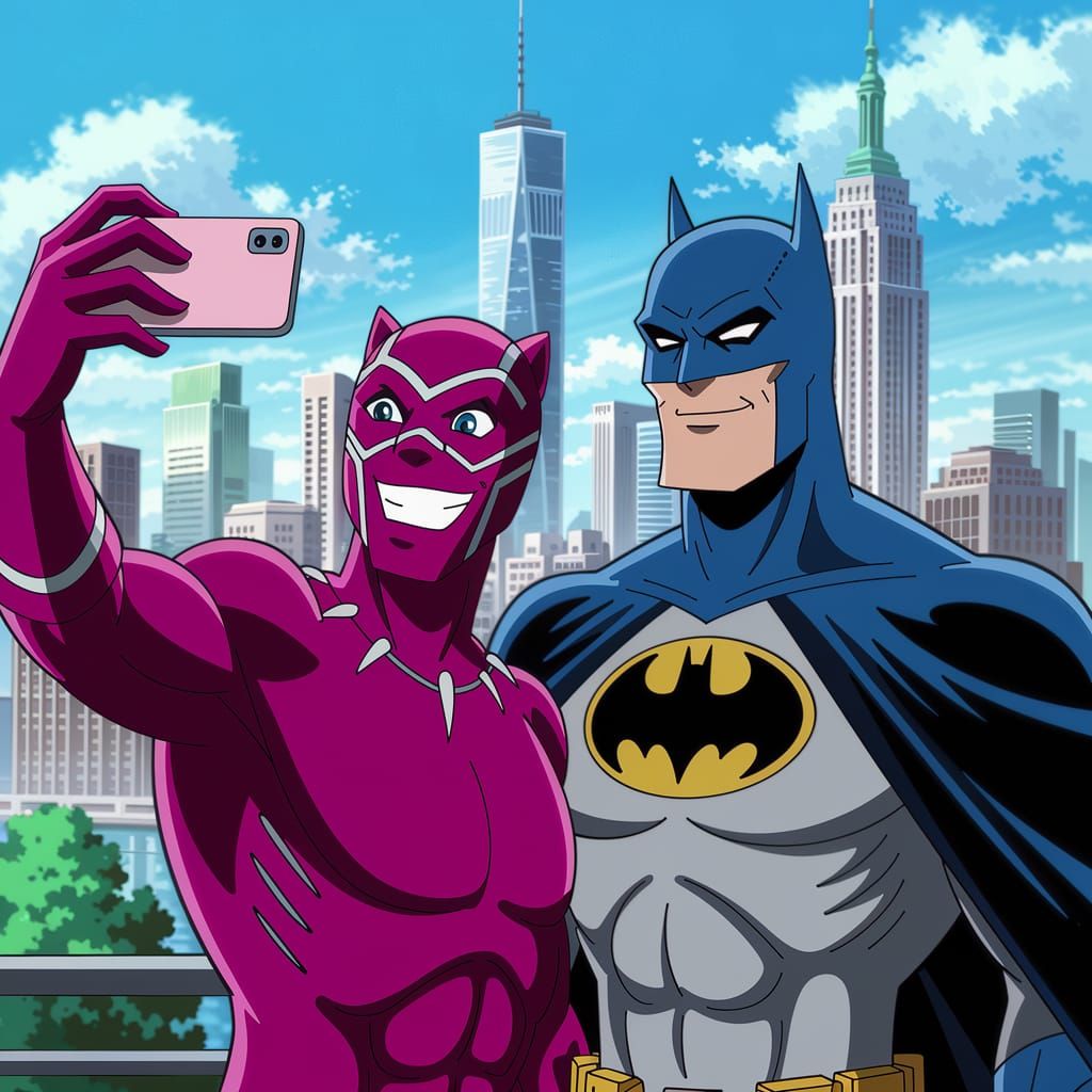 Anime Style Selfie of Pink Panther and Batman in NYC