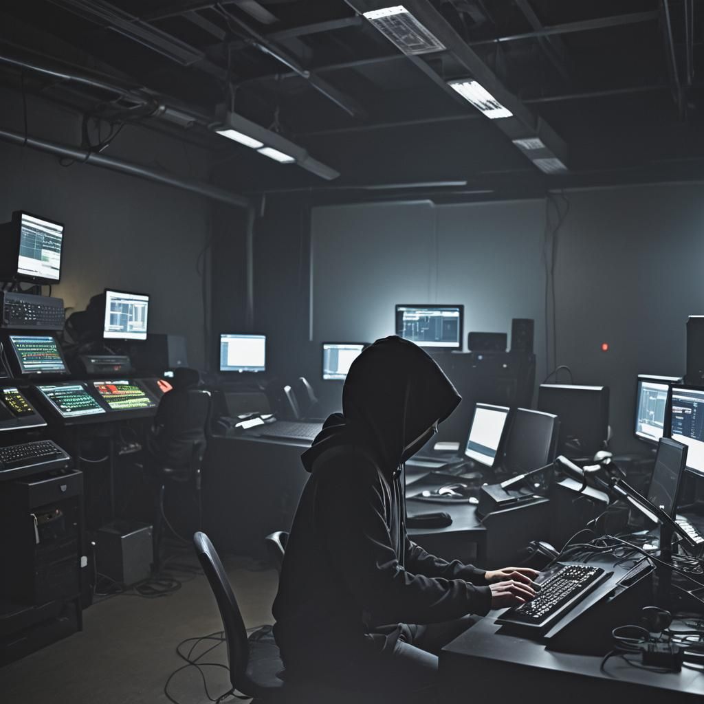 Coder in Cyberpunk Room Working on Multiple Monitors