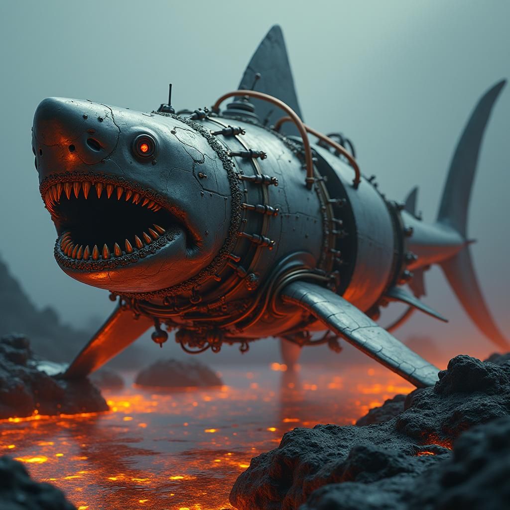 Steampunk Robotic Shark Swimming in Lava