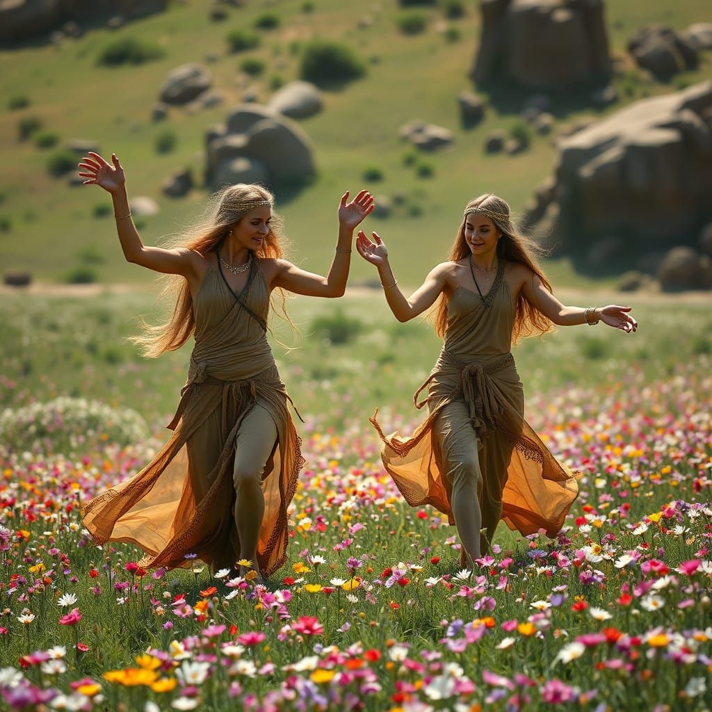 Ancient Goddesses Dance Amidst Blooming Wildflowers
