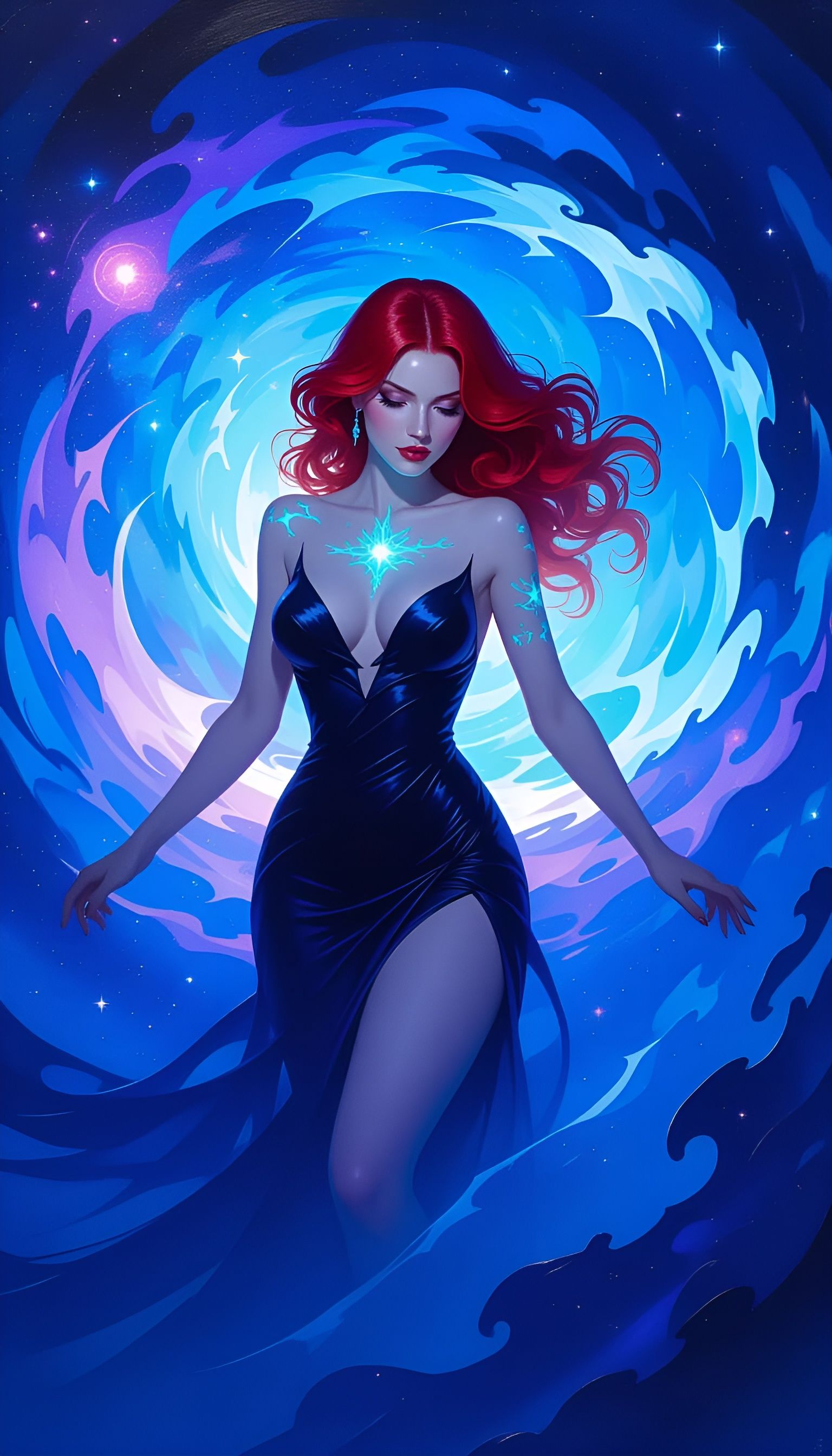 Bioluminescent Woman Emerges from Cosmic Vortex as Impasto O...