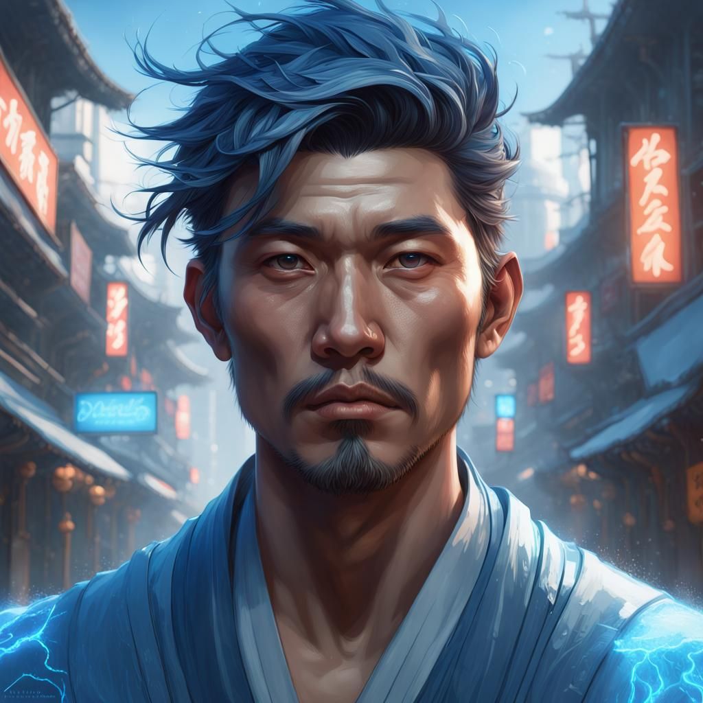 Blue Energy Asian Man Portrait by Rutkowski