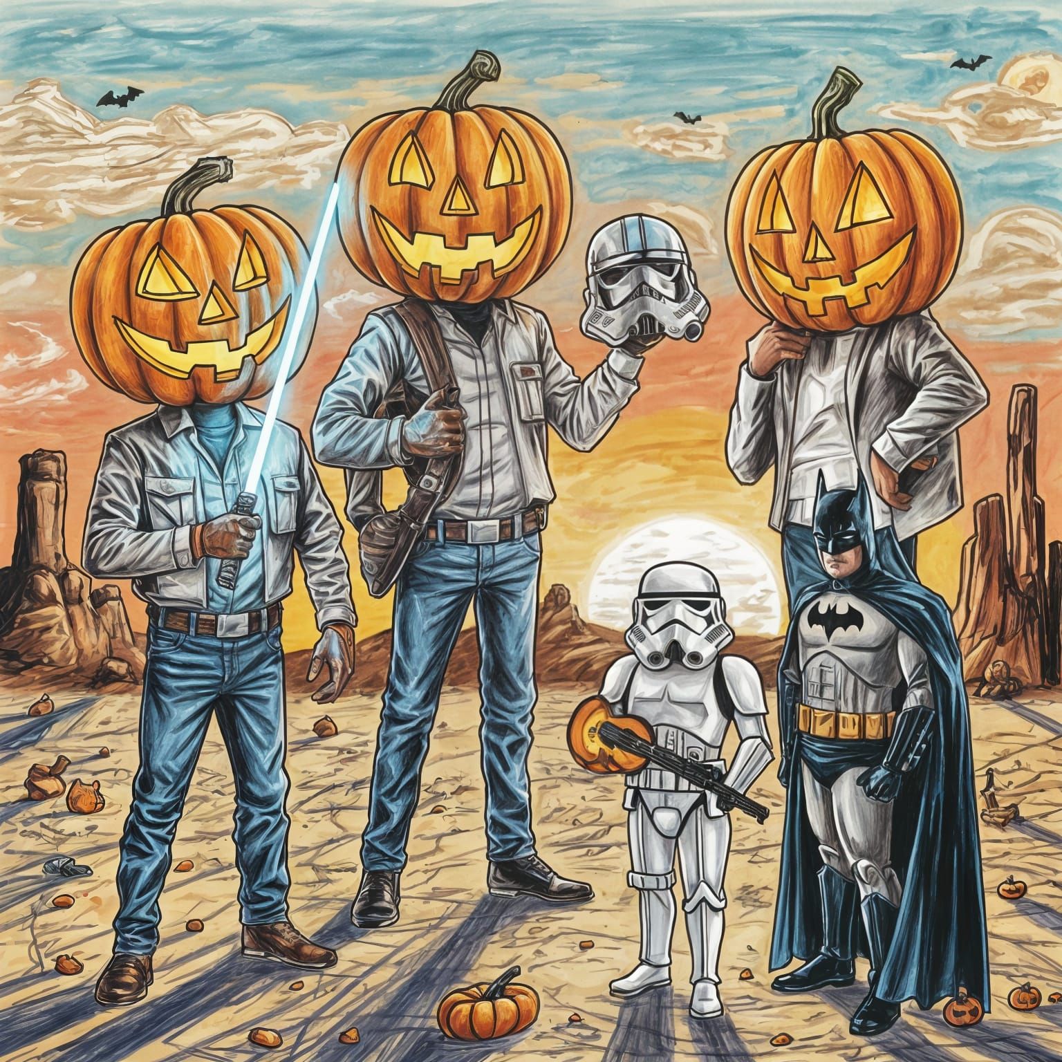 Crayon Drawing: Pumpkin Men Celebrate Halloween