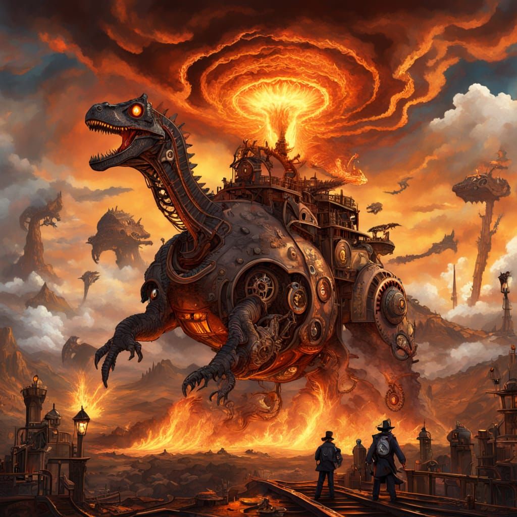 Steampunk Volcano Eruption with Clockwork Dinosaurs