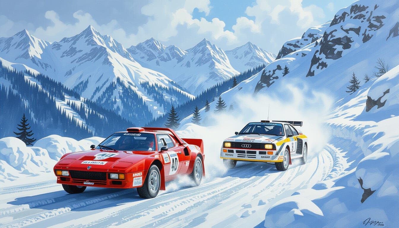Lancia Stratos Leads Audi Quattro in Snowy Rally Painting