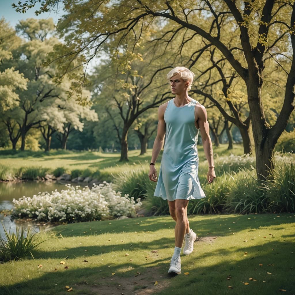 Athletic Boy Crossdressing in Blue Dress, Cinematic Style