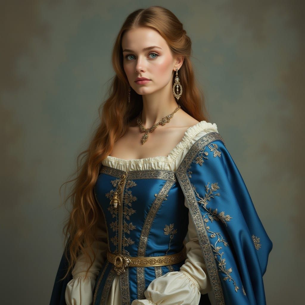 Regal Lady in Blue and Silver Court Attire