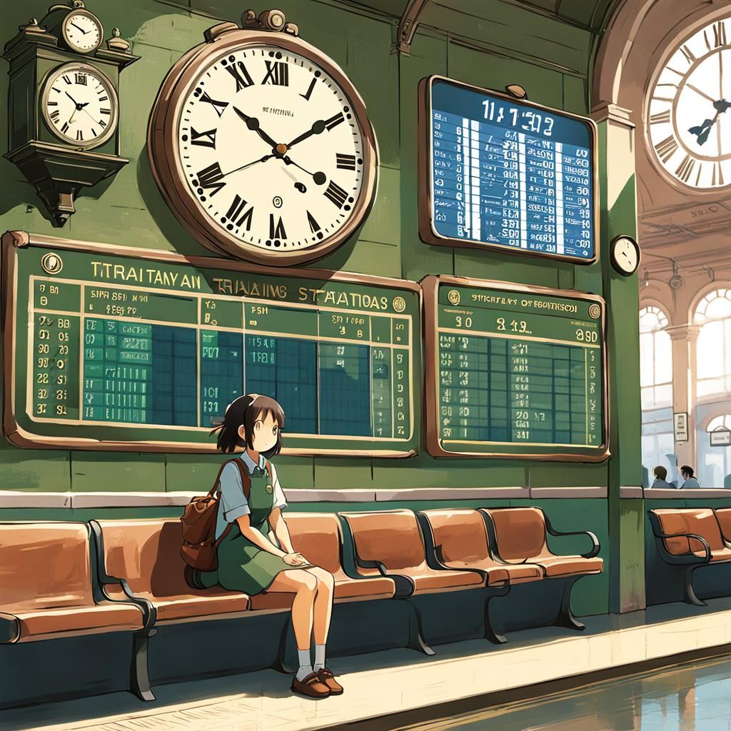 Girl Waiting for Train in Ghibli Anime Style