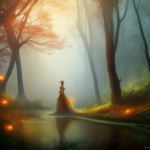 Nymph in Misty Forest: Detailed Matte Painting