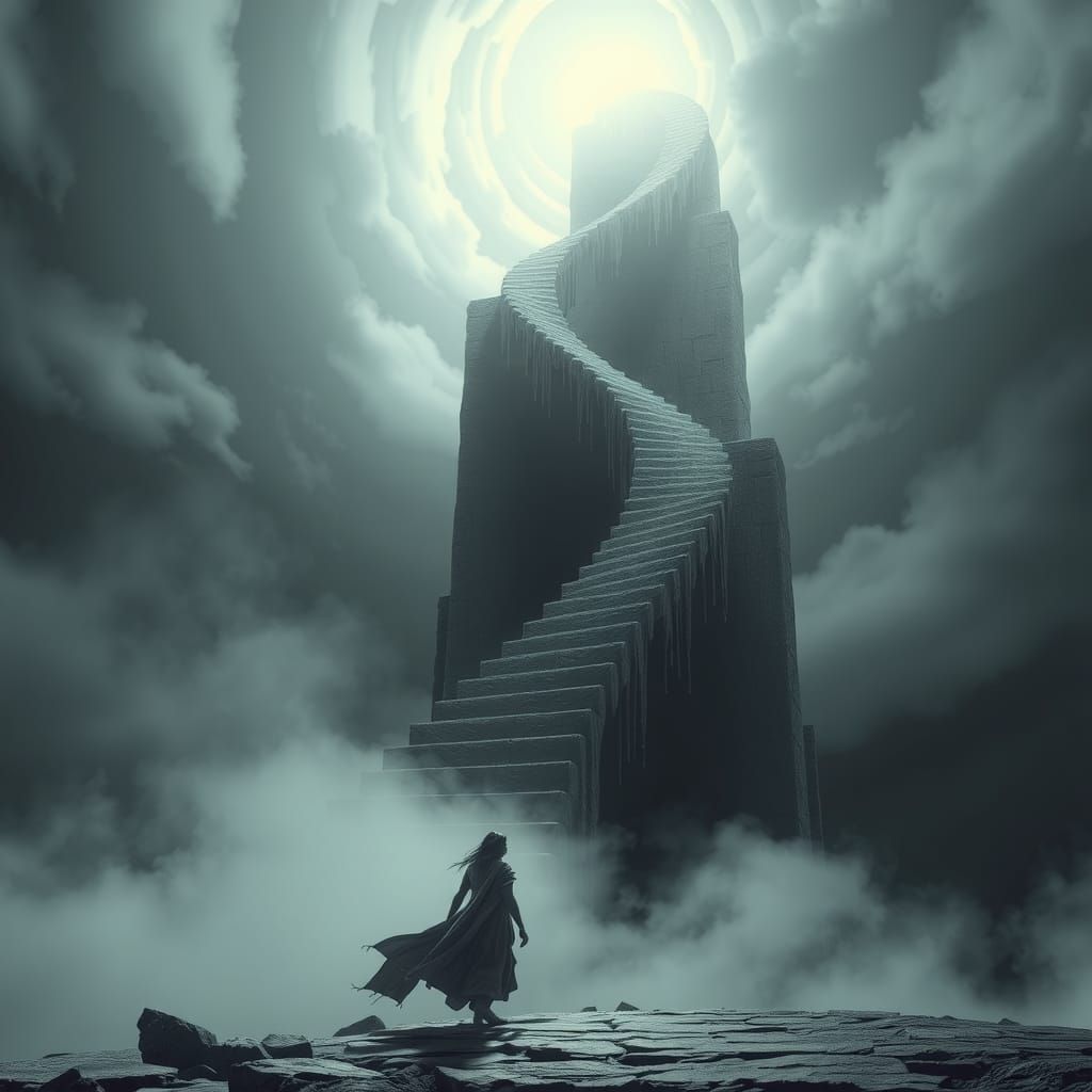 Mysterious Figure Stands Before Celestial Staircase in Dark,...