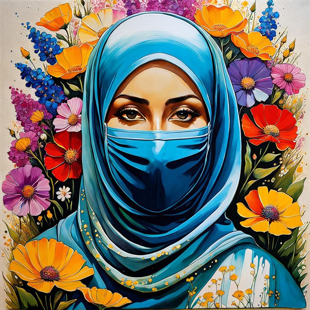 Melting Hijabi Woman with Flowers in Gouache Style
