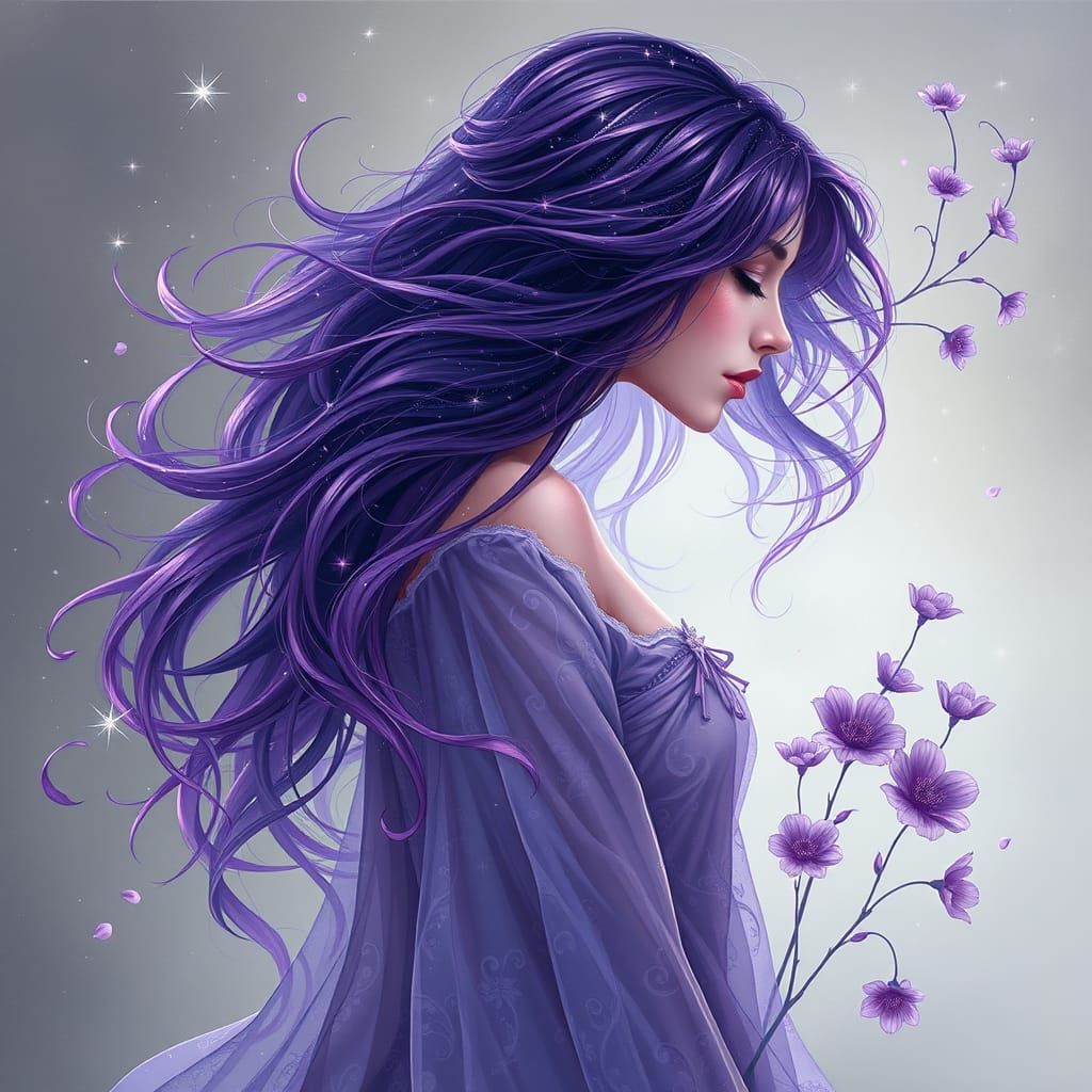 An exquisite illustration of a mysterious female figure with cascading, luminous purple hair, portrayed in a side profil...