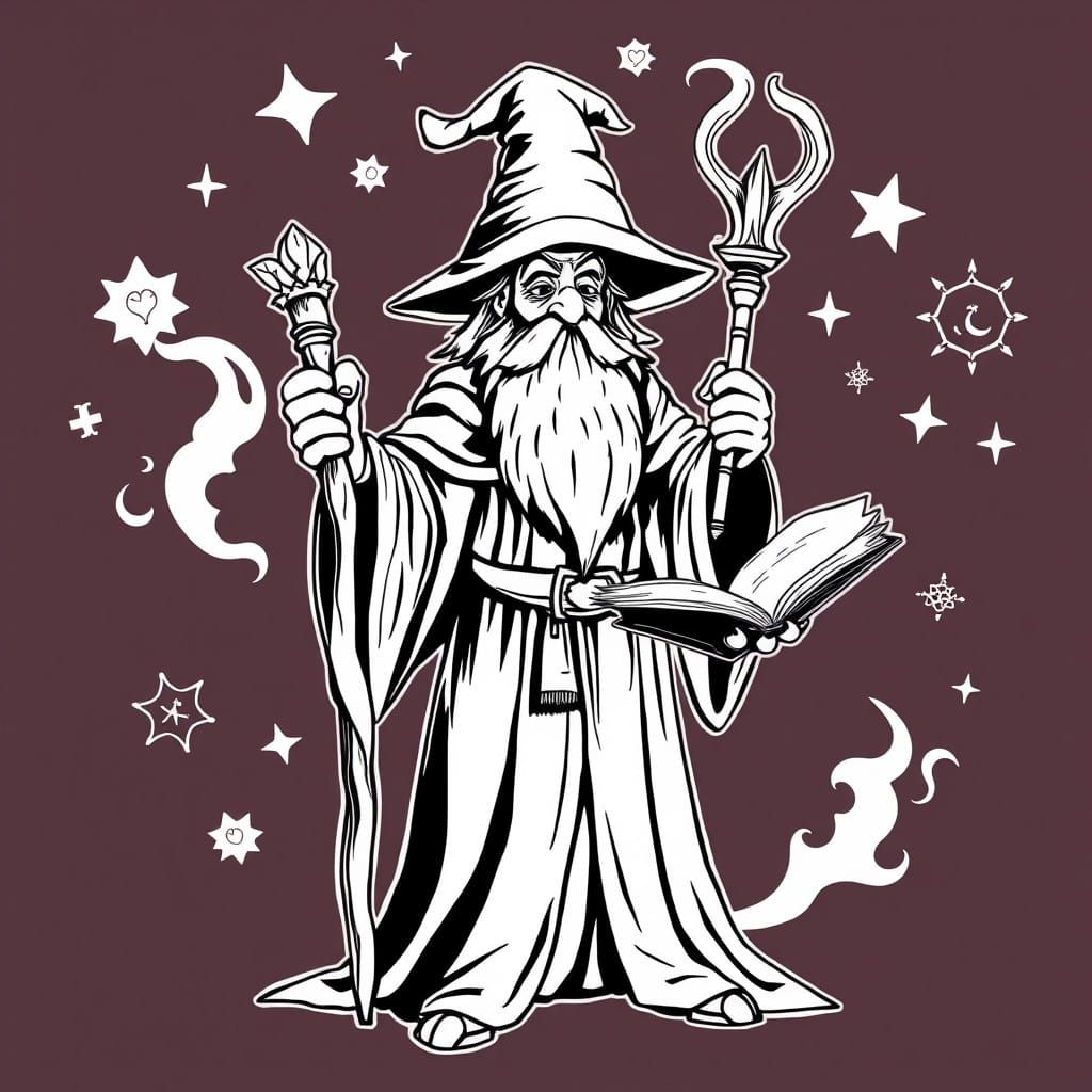 Enchanted Wizard in Whimsical Fantasy Line Art