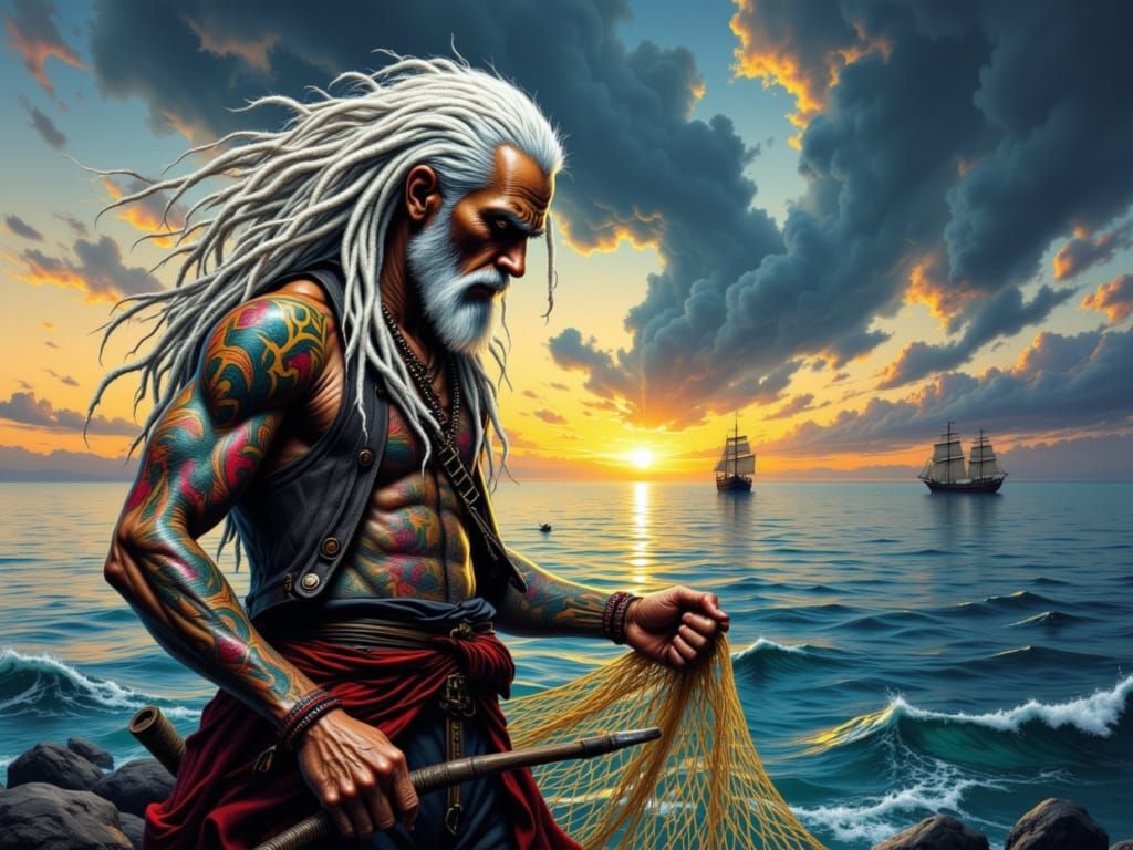 Albino Fisherman with Tattoos by Calm Sea