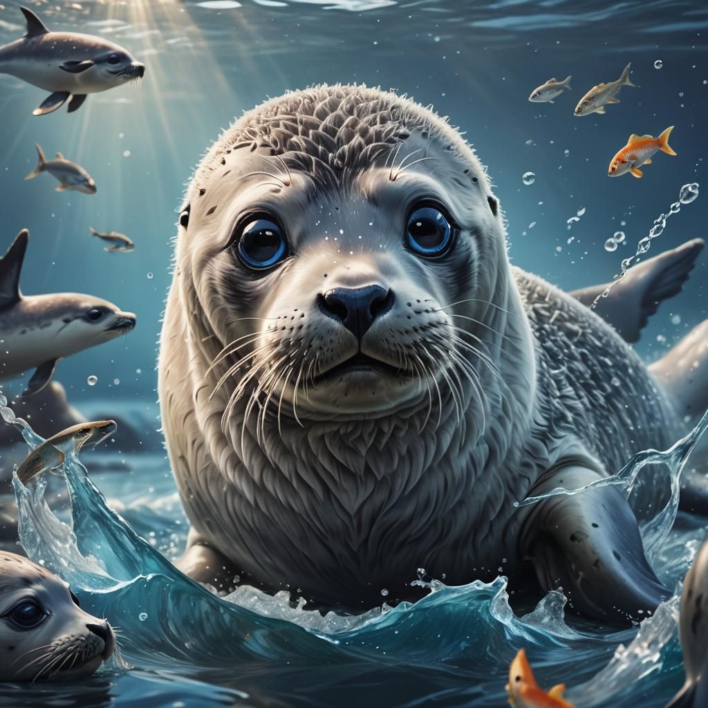 Hyper-Realistic Seal in Magical Ocean, Digital Art