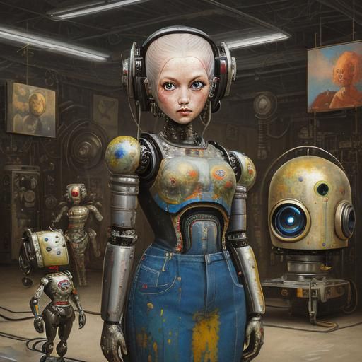 Pop Surrealism Painting: Girl with Robot
