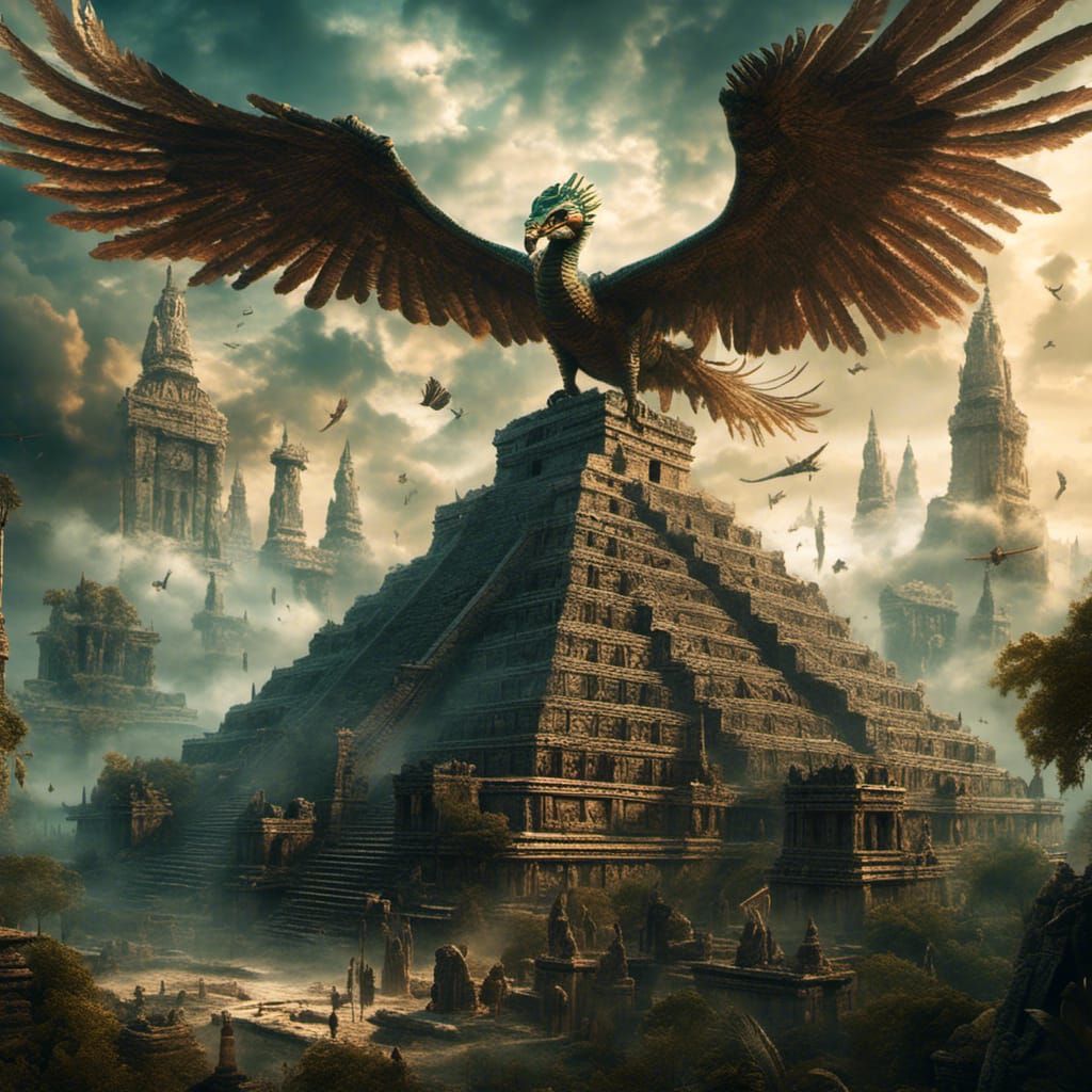Quetzalcoatl Flies Over Mayan Temple
