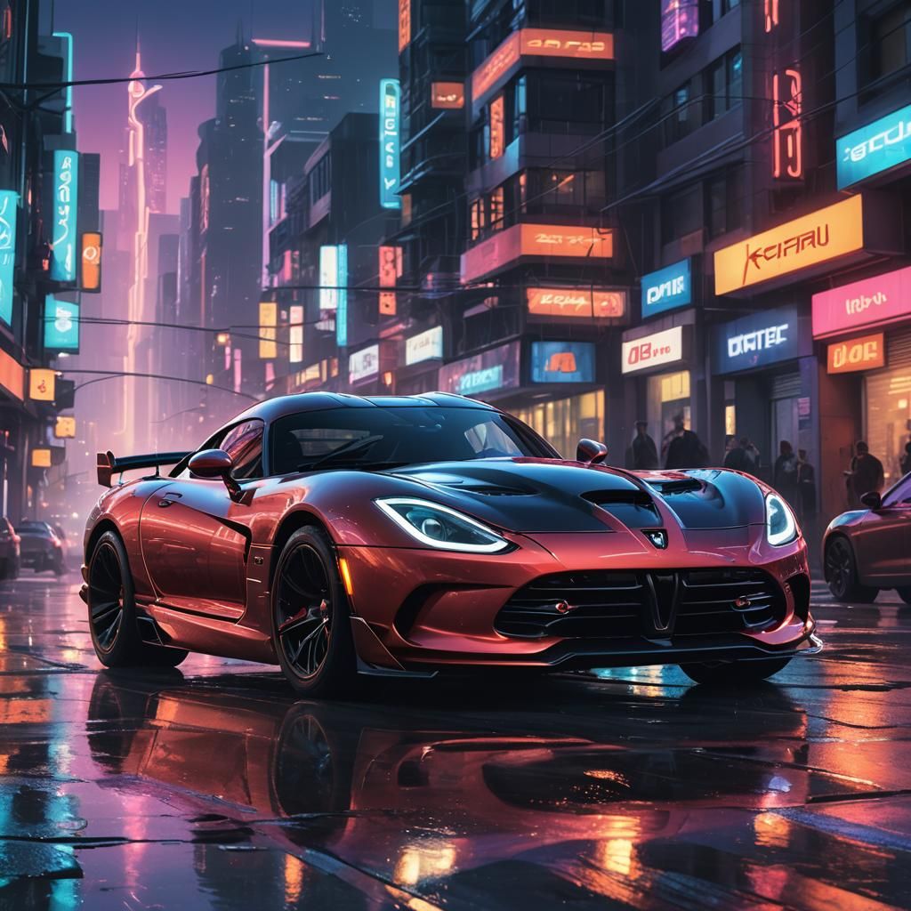 Cyberpunk Dodge Viper Speeding Through Neon Cityscape