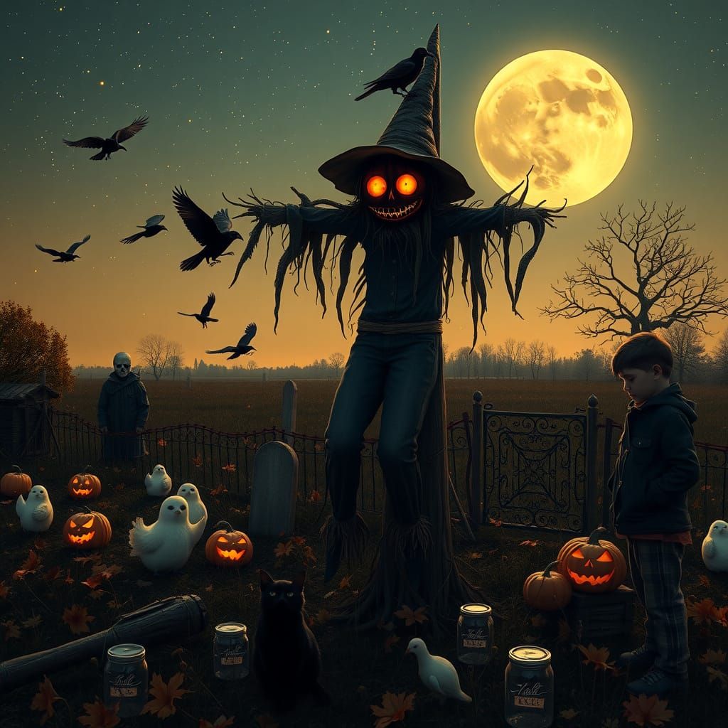 Haunting Autumn Twilight Scene with Scarecrow and Shadow Col...