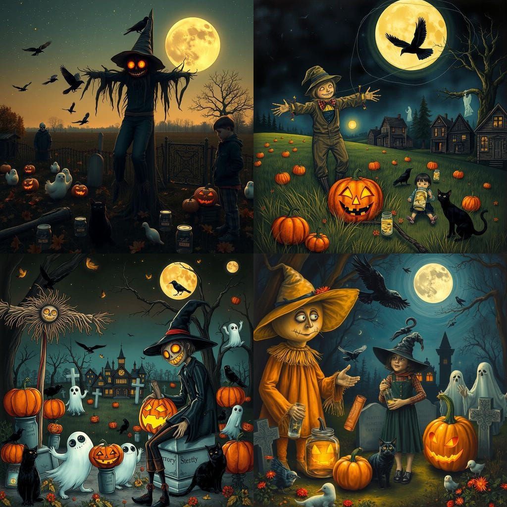 Haunting Halloween Night: Scarecrow, Girl with Lantern Eyes