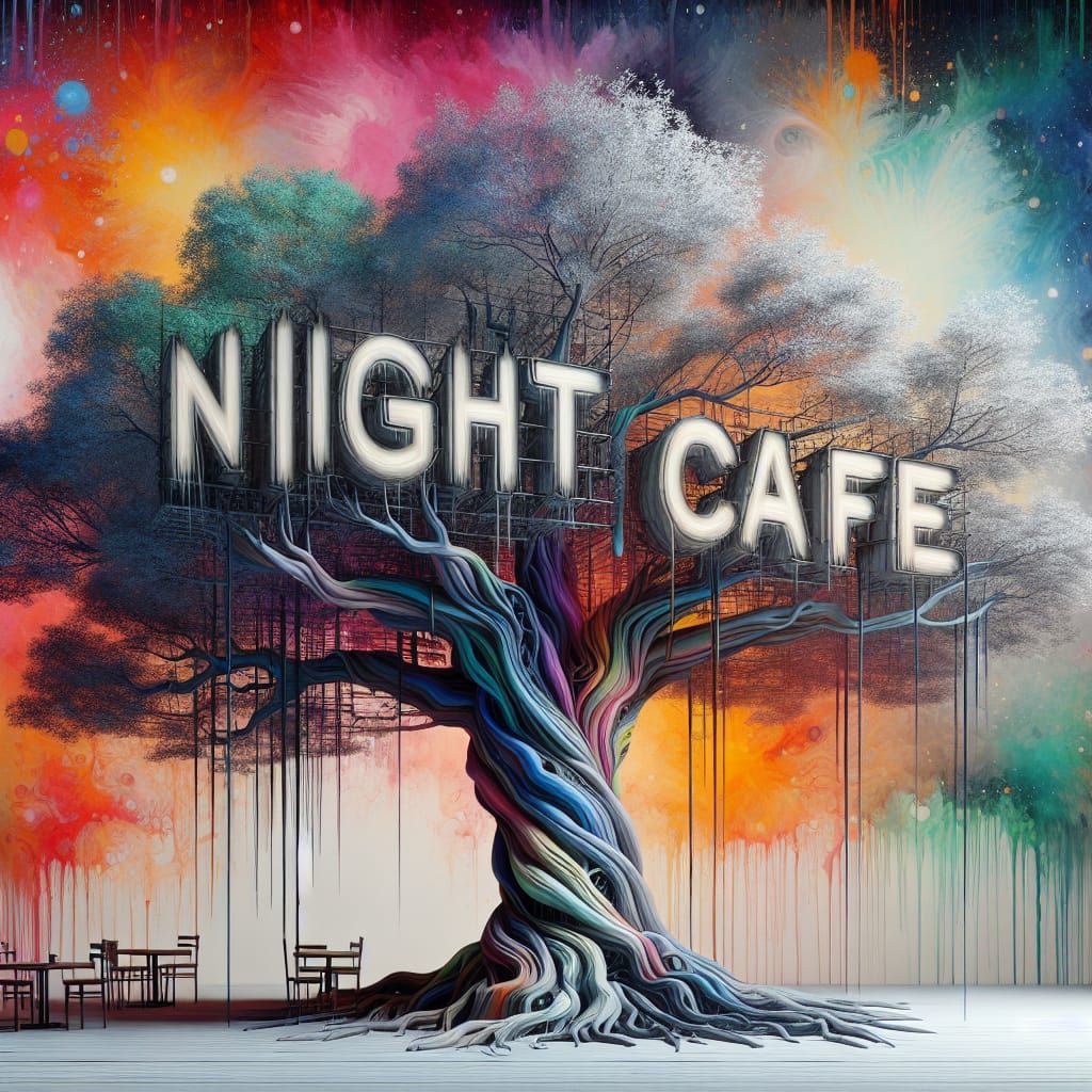 Create an image of a tree, artistically referred to as a 'Tree of Life', with the words 'Night Cafe' transformed into bo...