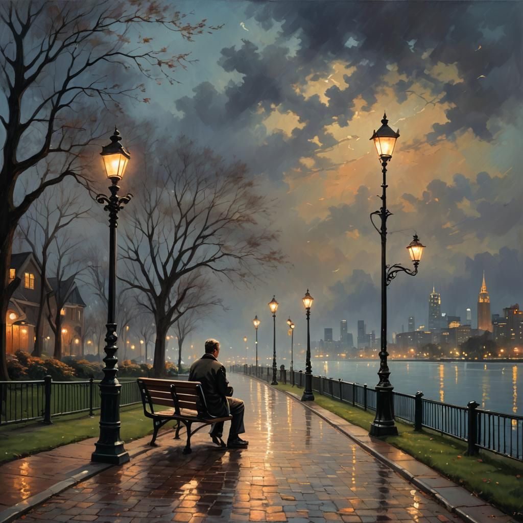 Romantic Cityscape at Dusk in Oil Painting Style
