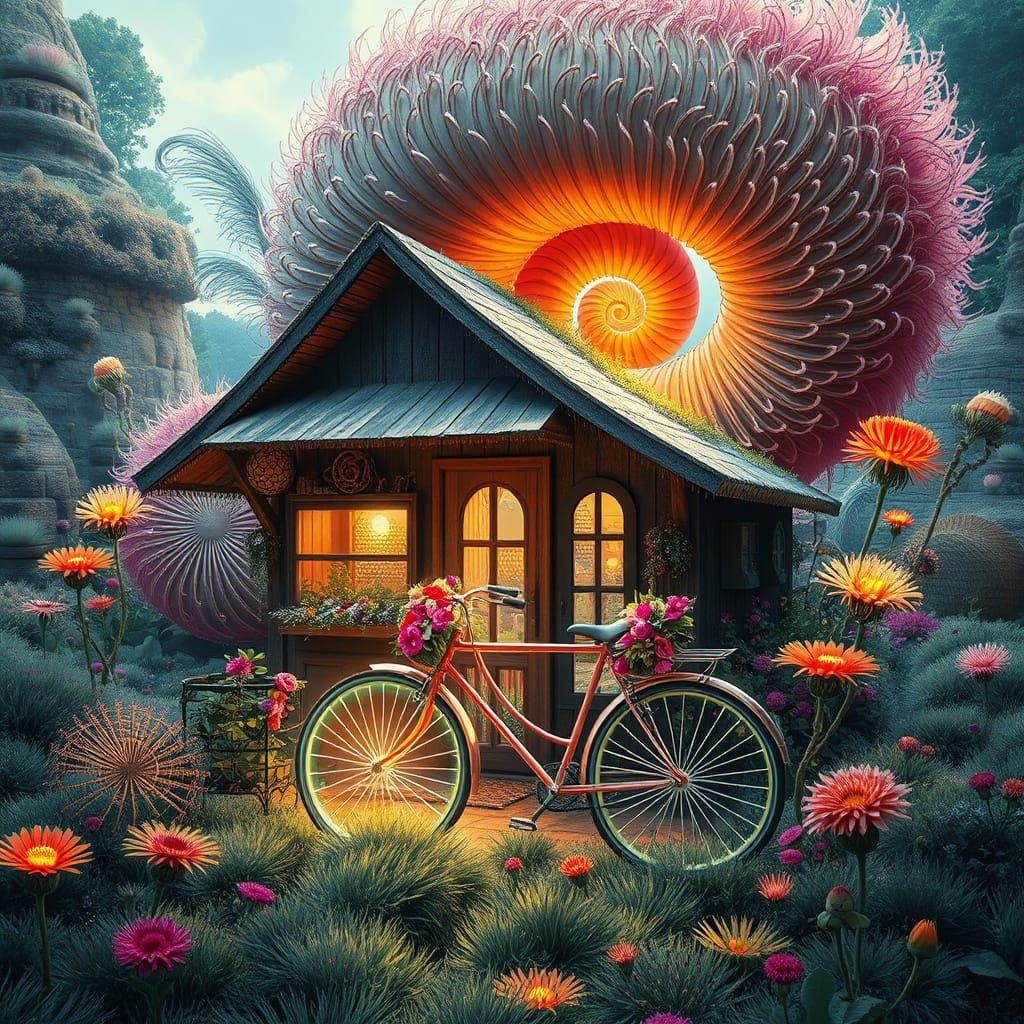 Ethereal Eco Oasis with Whimsical Garden and Glowing Bicycle