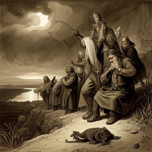 Dwarves, Elf, and Raven on Cliff in Horror Style