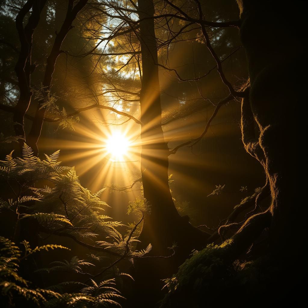 Light Beam Illuminates Dark Mystical Forest