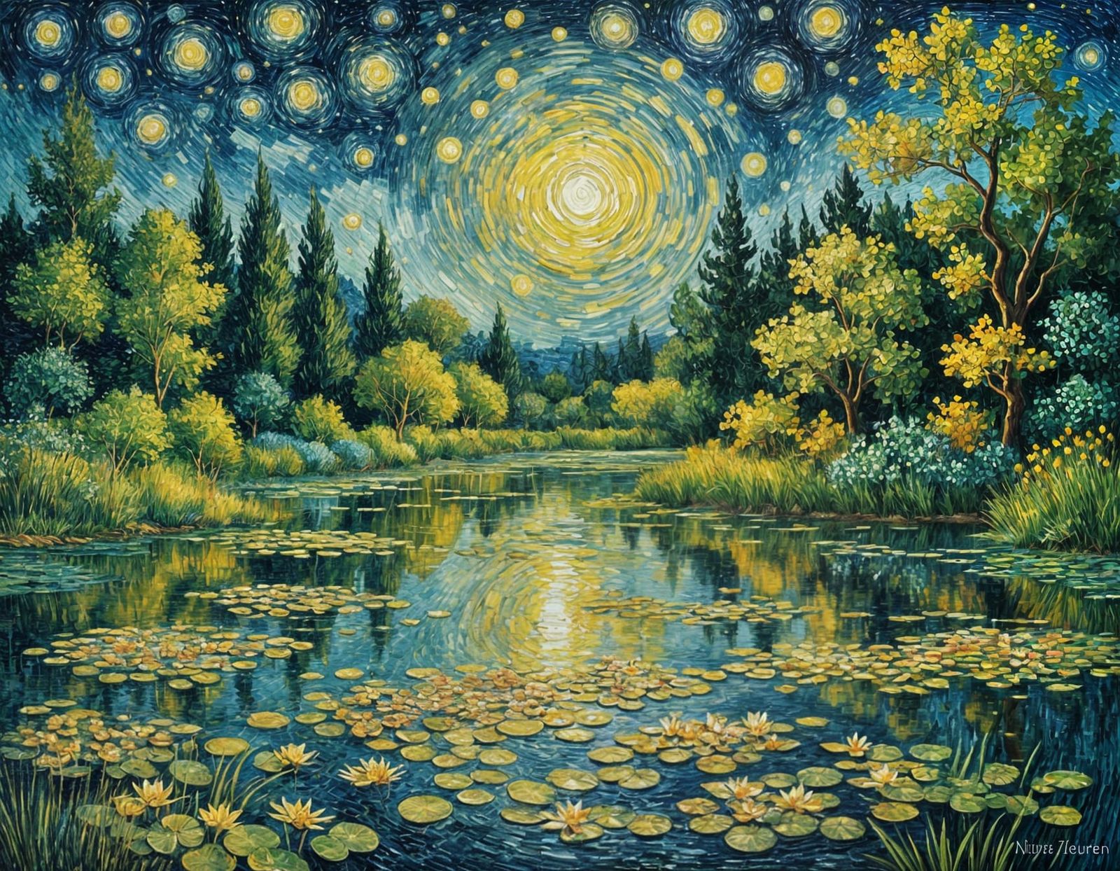 Moonlit Garden Pond in Van Gogh Impasto Style