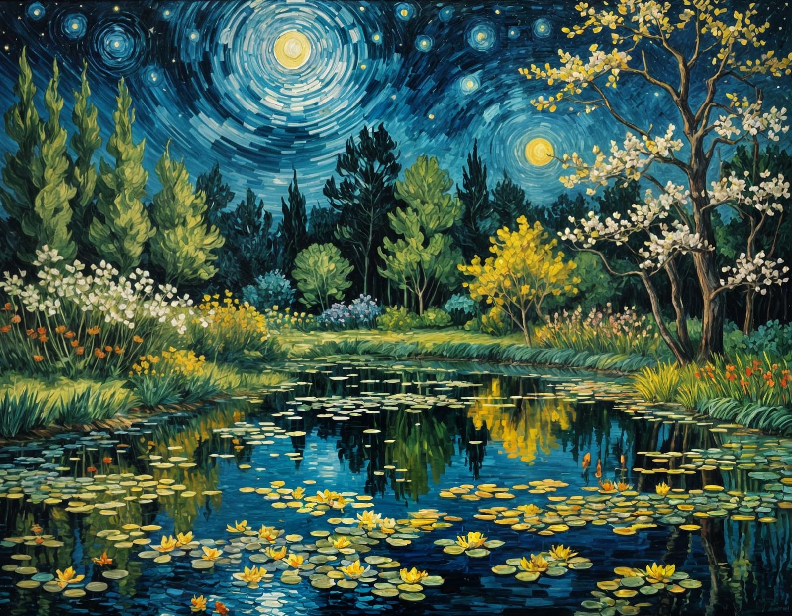 Moonlit Pond: Van Gogh-Style Impasto Oil Painting