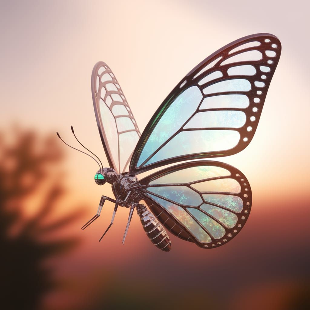 Ethereal Glass-Winged Robot in Sunset Glow