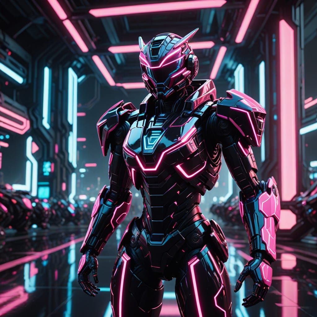 Glowing Female Tron Stands Beside a Futuristic Megazord in N...