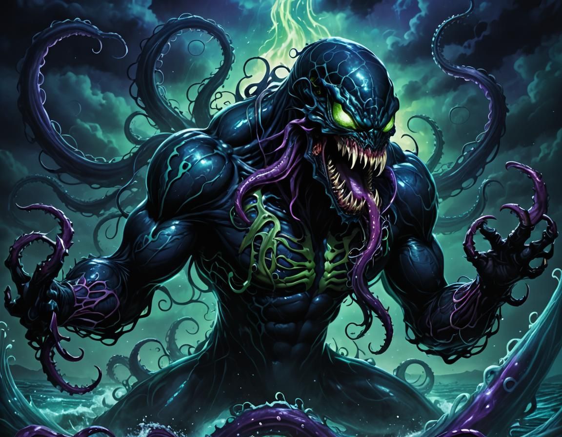Venom Symbiote Wraps the Kraken: Dark Fantasy Illustration
